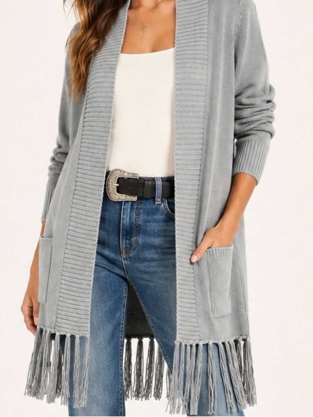 Young Fabulous & Broke Gray Fringe Longline Cardigan Sweater L NWT